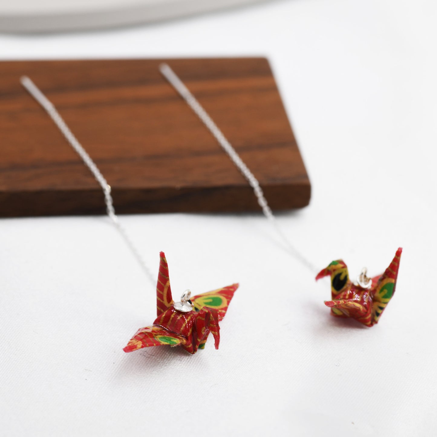 Japanese Paper Origami Crane Threader Earrings in Sterling Silver, Resin Sealed Genuine Japanese Washi Paper, Red, Long Lasting Earrings