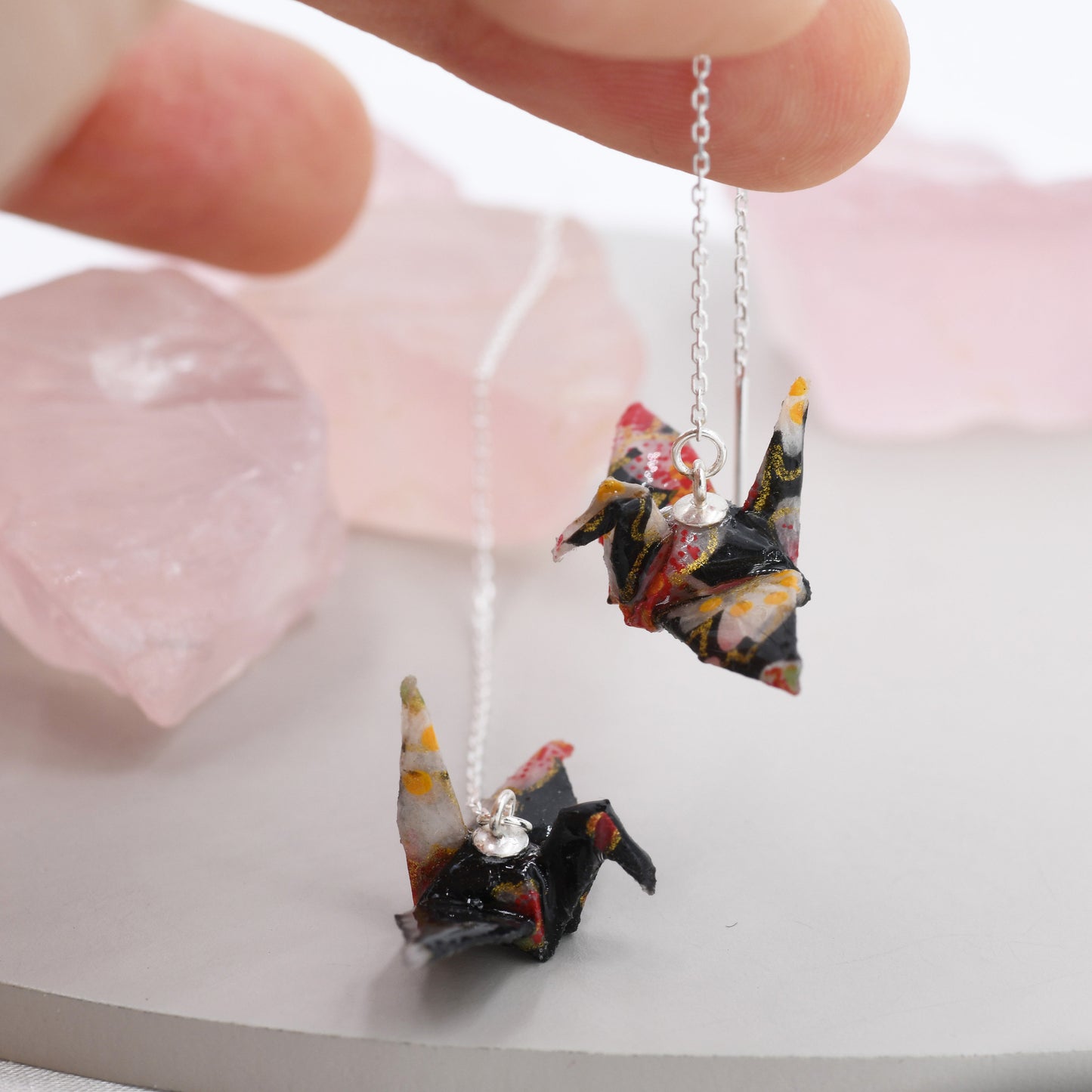 Japanese Paper Origami Crane Threader Earrings in Sterling Silver, Resin Sealed Genuine Japanese Washi Paper, Black, Long Lasting Earrings