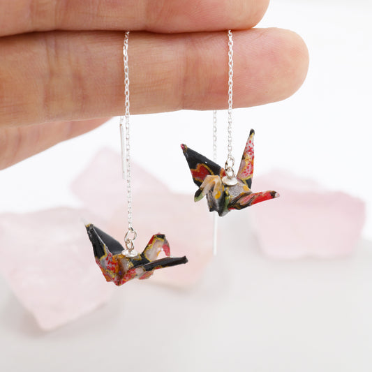 Japanese Paper Origami Crane Threader Earrings in Sterling Silver, Resin Sealed Genuine Japanese Washi Paper, Black, Long Lasting Earrings