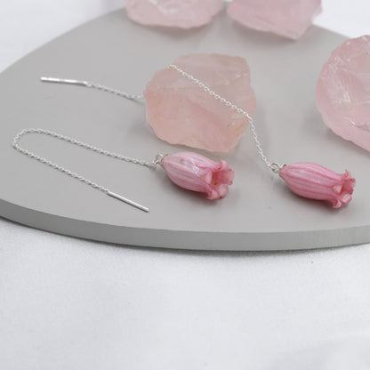 Real Bellflowers Flower Threader Earrings in Sterling Silver, Real Flower Ear Threaders, Resin Flower Jewellery - Pink