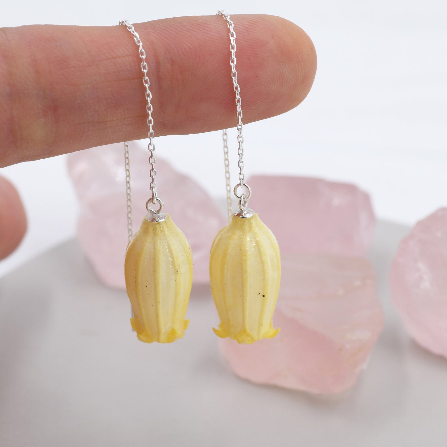 Real Bellflowers Flower Threader Earrings in Sterling Silver, Real Flower Ear Threaders, Resin Flower Jewellery - Yellow