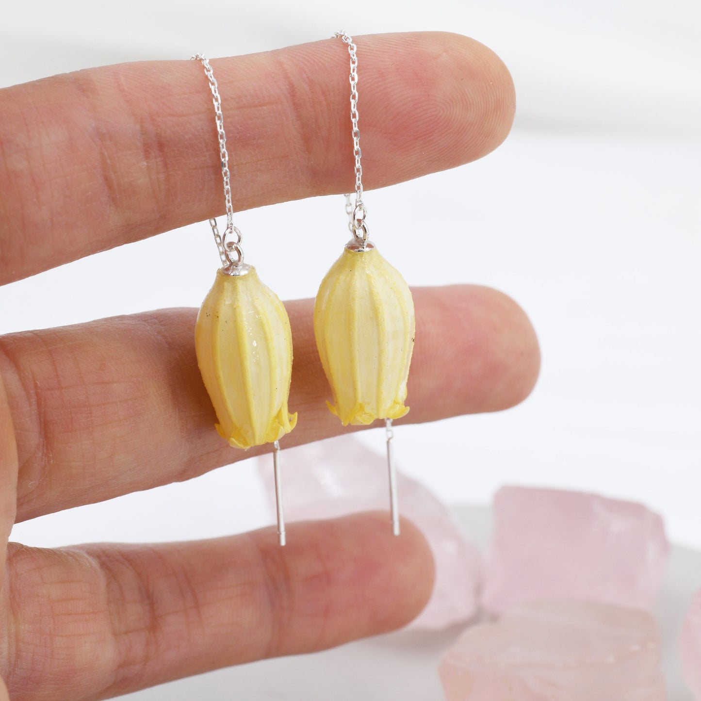 Real Bellflowers Flower Threader Earrings in Sterling Silver, Real Flower Ear Threaders, Resin Flower Jewellery - Yellow