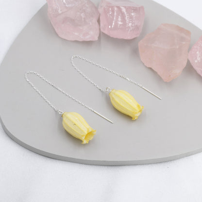 Real Bellflowers Flower Threader Earrings in Sterling Silver, Real Flower Ear Threaders, Resin Flower Jewellery - Yellow