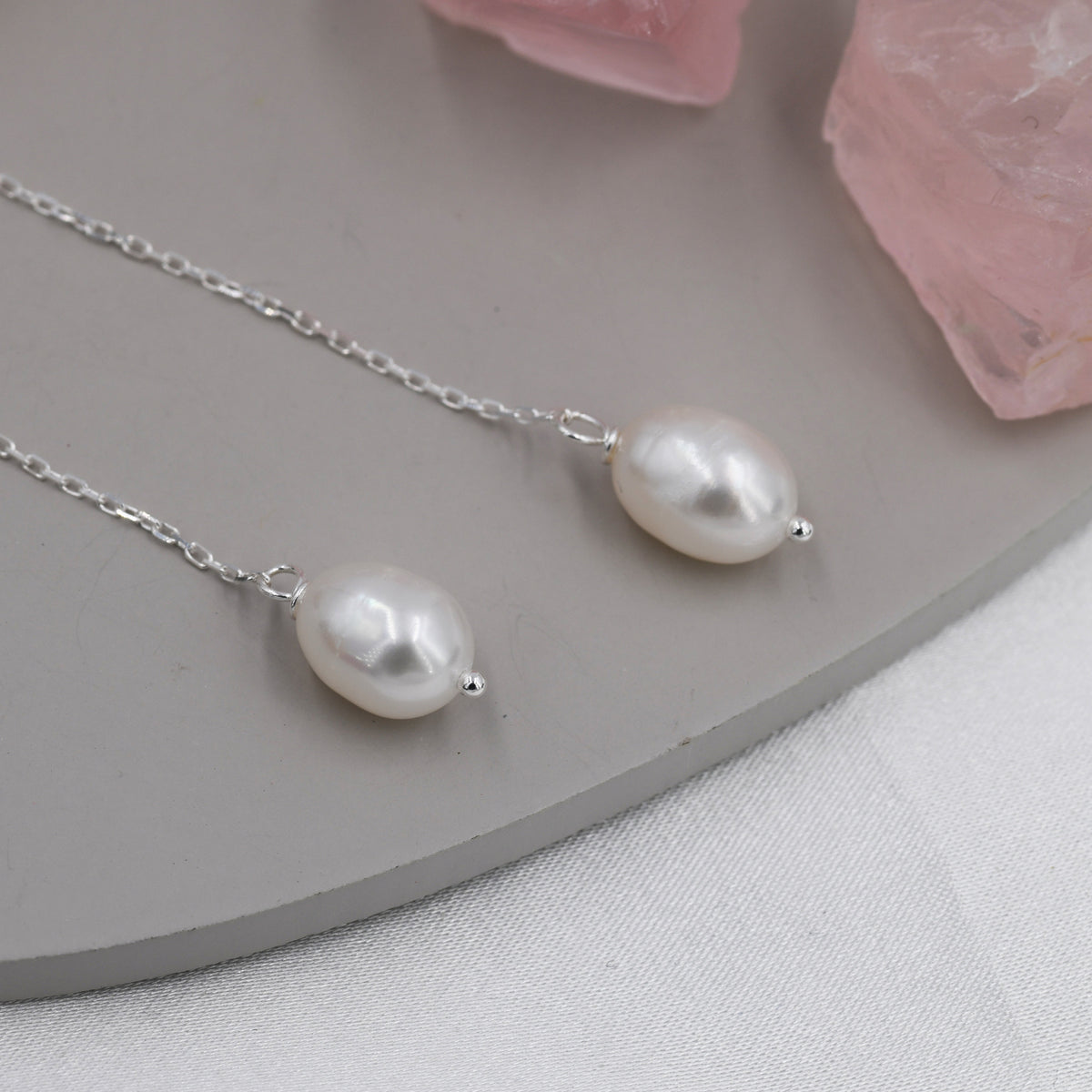 Genuine Fresh Water Pearl Threader Earrings in Sterling Silver, 9cm Ear Threaders, Long Threaders, Natural Drop Pearl Ear Threaders