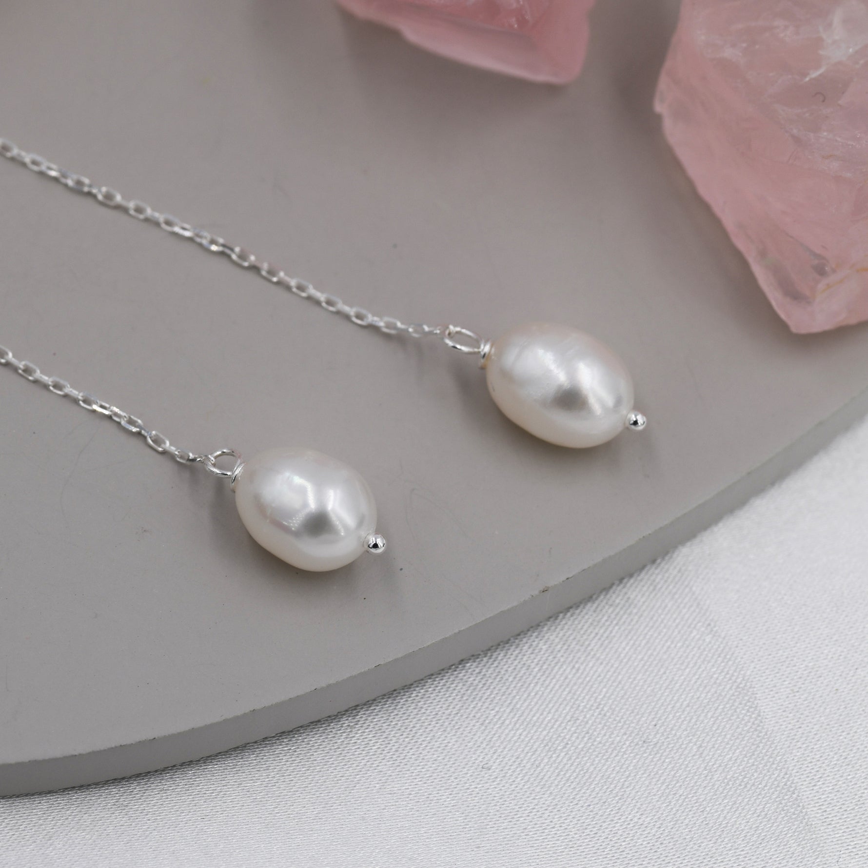 Genuine Fresh Water Pearl Threader Earrings in Sterling Silver, 9cm Ear Threaders, Long Threaders, Natural Drop Pearl Ear Threaders