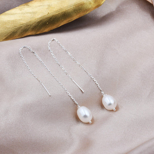 Genuine Fresh Water Pearl Threader Earrings in Sterling Silver, 9cm Ear Threaders, Long Threaders, Natural Drop Pearl Ear Threaders