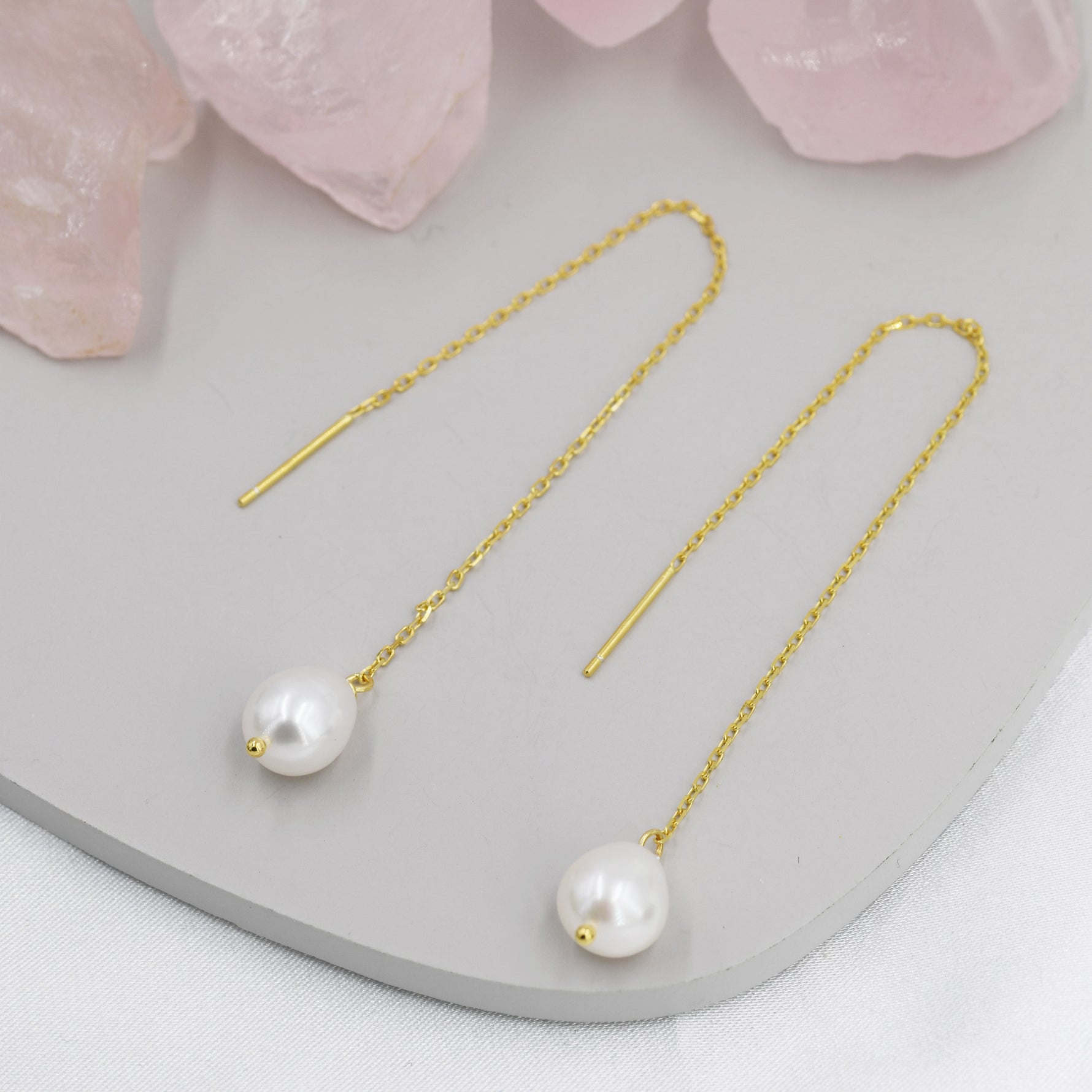 Genuine Fresh Water Pearl Threader Earrings in Sterling Silver, 9cm Ear Threaders, Long Threaders, Natural Drop Pearl Ear Threaders