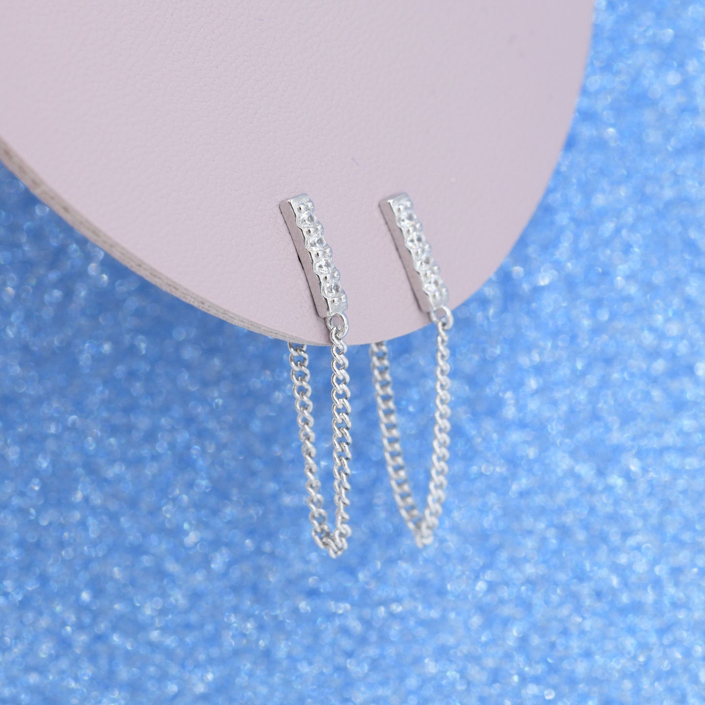 CZ Bar Chain Earrings in Sterling Silver, Silver or Gold, Vertical Bar Front and Back Ear Jacket, Minimalist and Geometric, Chained Earrings