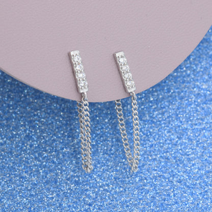 CZ Bar Chain Earrings in Sterling Silver, Silver or Gold, Vertical Bar Front and Back Ear Jacket, Minimalist and Geometric, Chained Earrings