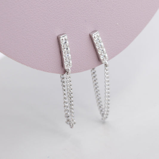 CZ Bar Chain Earrings in Sterling Silver, Silver or Gold, Vertical Bar Front and Back Ear Jacket, Minimalist and Geometric, Chained Earrings