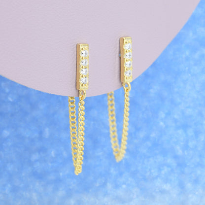 CZ Bar Chain Earrings in Sterling Silver, Silver or Gold, Vertical Bar Front and Back Ear Jacket, Minimalist and Geometric, Chained Earrings