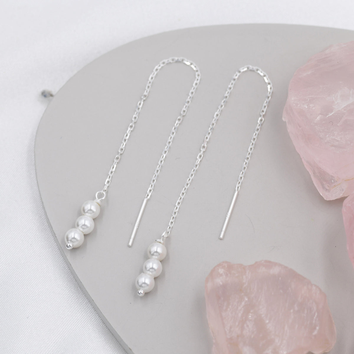 Pearl Trio Threader Earrings in Sterling Silver, 9cm Ear Threaders, Long Threaders, Pearl Ear Threaders