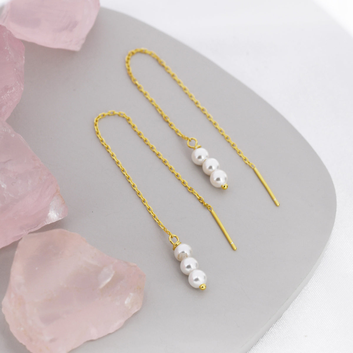 Pearl Trio Threader Earrings in Sterling Silver, 9cm Ear Threaders, Long Threaders, Pearl Ear Threaders