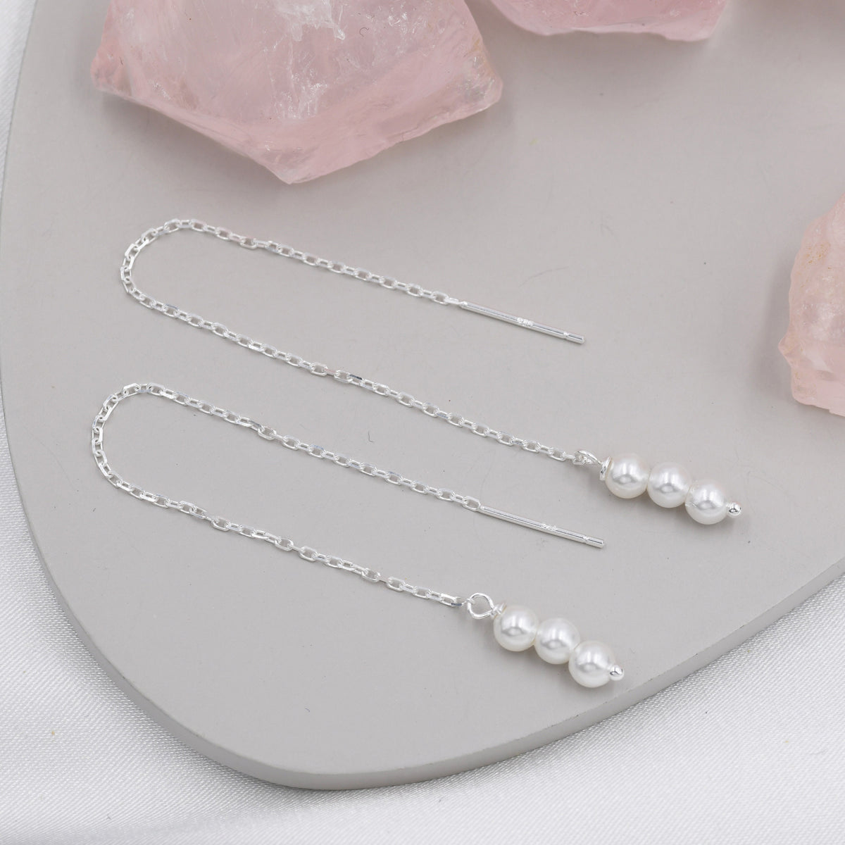 Pearl Trio Threader Earrings in Sterling Silver, 9cm Ear Threaders, Long Threaders, Pearl Ear Threaders