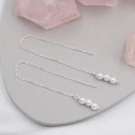 Pearl Trio Threader Earrings in Sterling Silver, 9cm Ear Threaders, Long Threaders, Pearl Ear Threaders