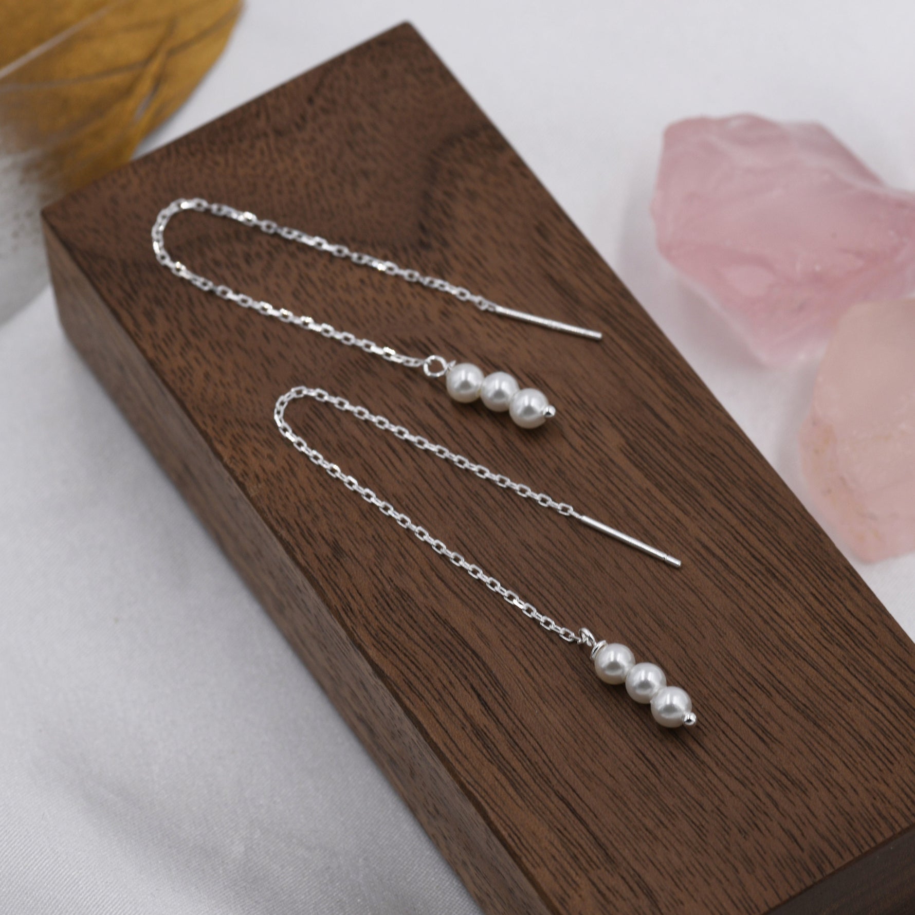 Pearl Trio Threader Earrings in Sterling Silver, 9cm Ear Threaders, Long Threaders, Pearl Ear Threaders