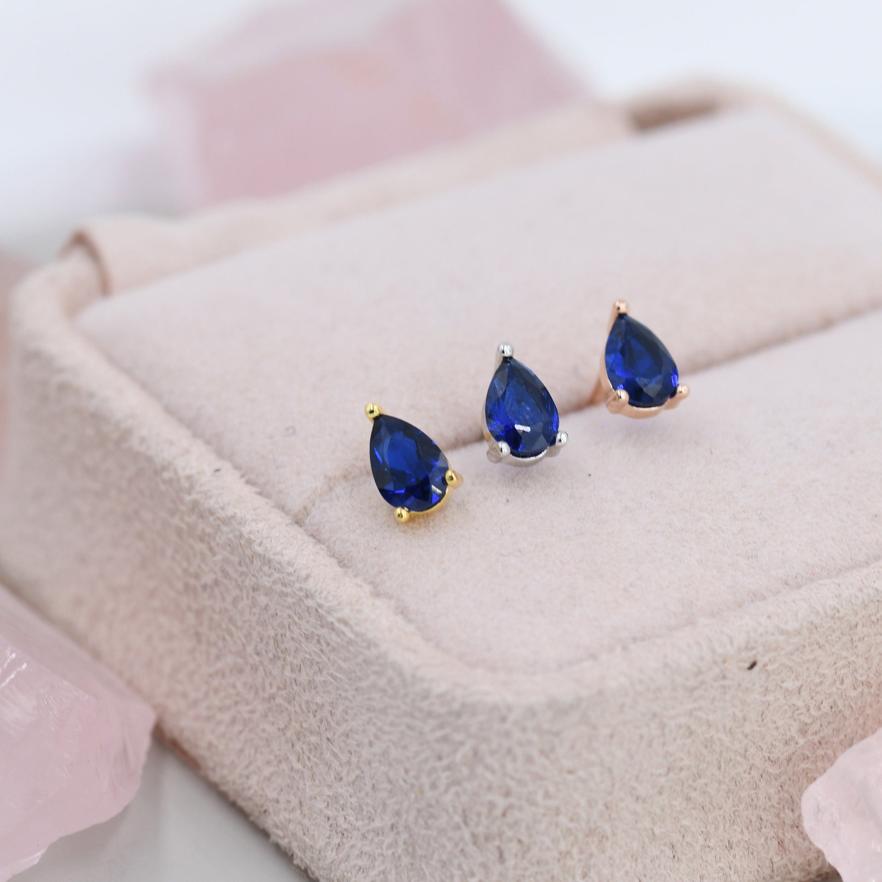 Sterling Silver Sapphire Blue Droplet Earrings, Pear Cut Sapphire Earrings, September Birthstone CZ Earrings, Silver, Gold or Rose Gold