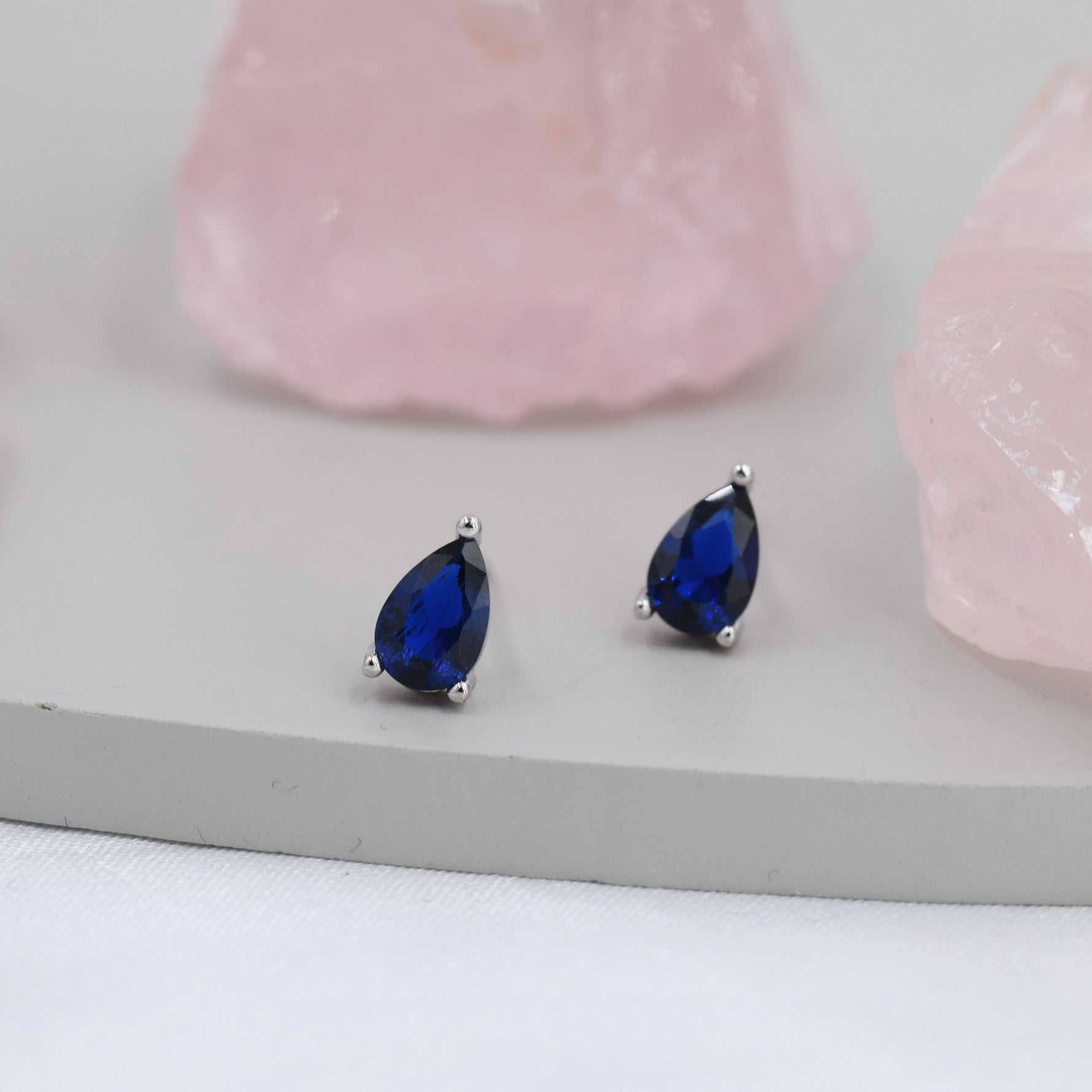 Sterling Silver Sapphire Blue Droplet Earrings, Pear Cut Sapphire Earrings, September Birthstone CZ Earrings, Silver, Gold or Rose Gold