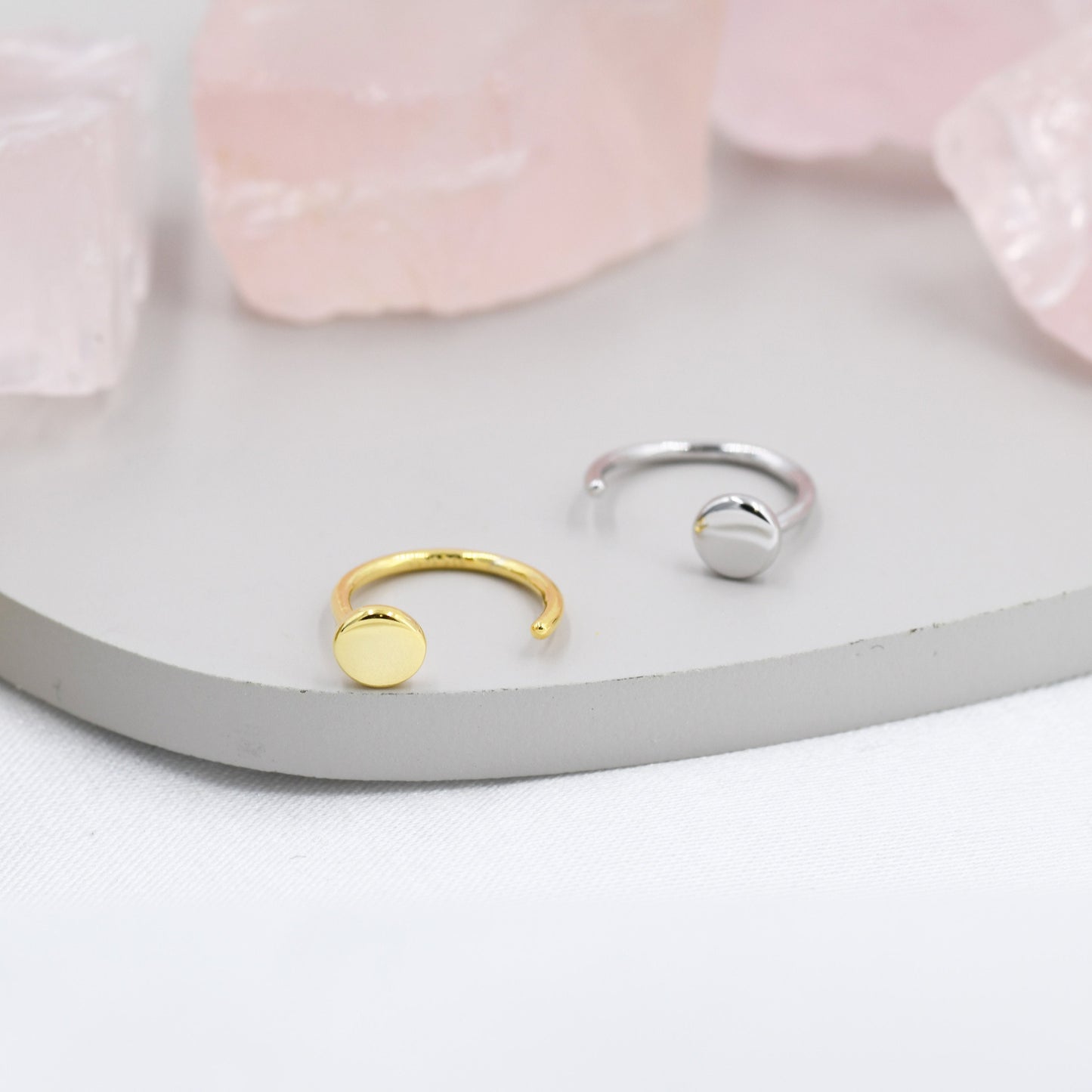 Tiny Dot Huggie Hoop Earrings in Sterling Silver, Circle Earrings, Open Hoop Earrings,  Pull-Through Threader Earrings, Half Hoop Earrings