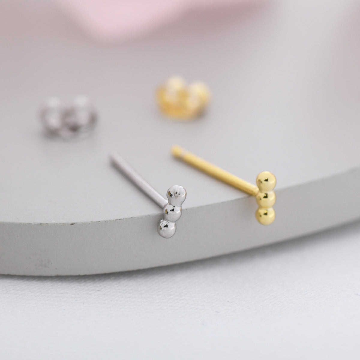 Extra Tiny Three Dot Stud Earrings in Sterling Silver, Tiny Bar Earrings, Beaded Bar, Bauble Earrings, Silver or Gold, Stacking Earrings