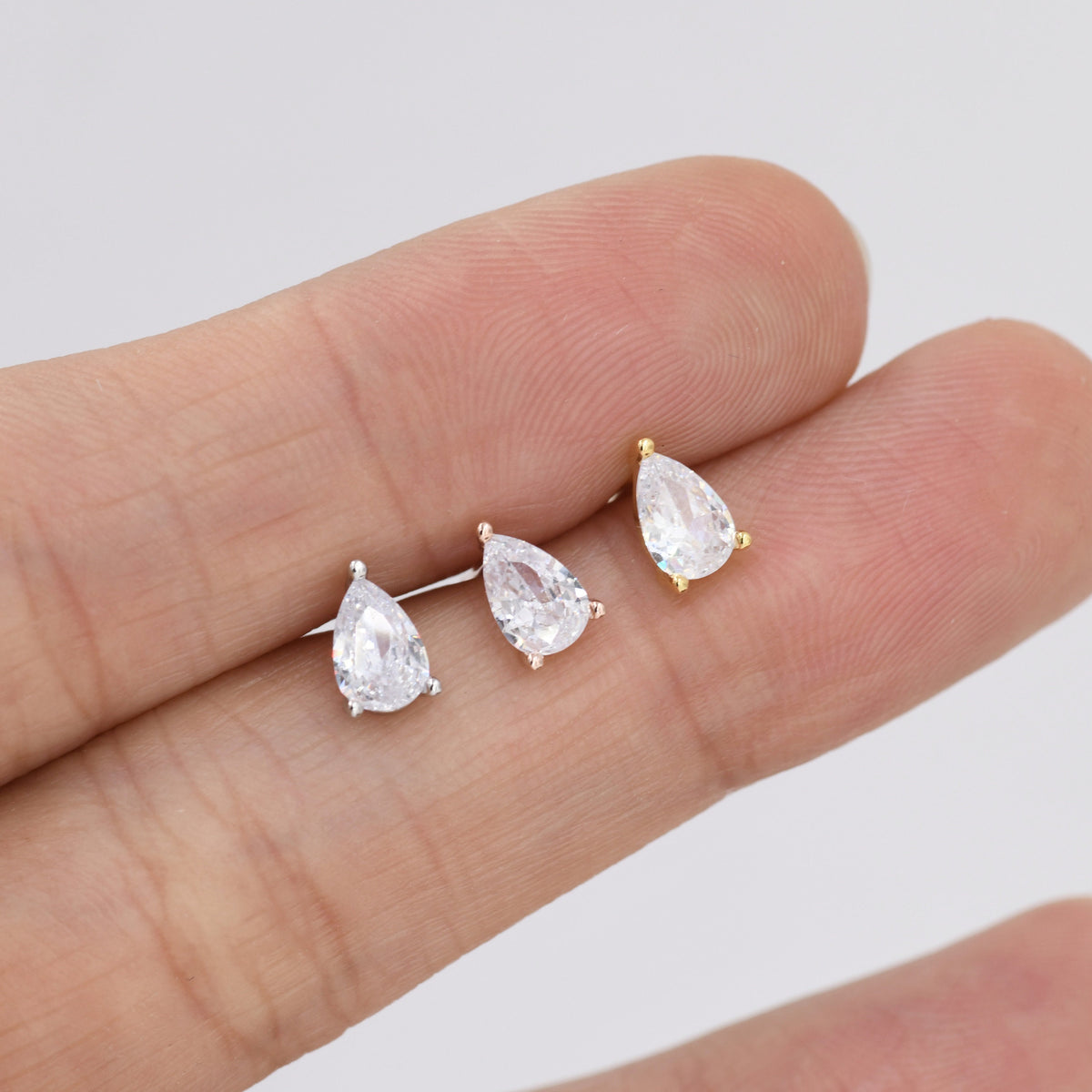 Sterling Silver Pear Cut CZ Earrings, Droplet Diamond Earrings, April Birthstone CZ Earrings, Silver, Gold or Rose Gold