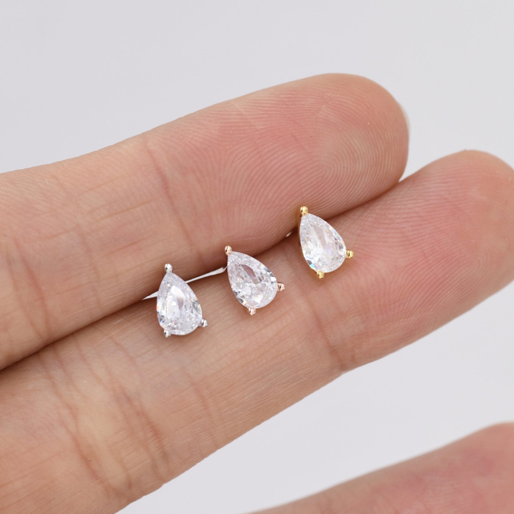 Sterling Silver Pear Cut CZ Earrings, Droplet Diamond Earrings, April Birthstone CZ Earrings, Silver, Gold or Rose Gold