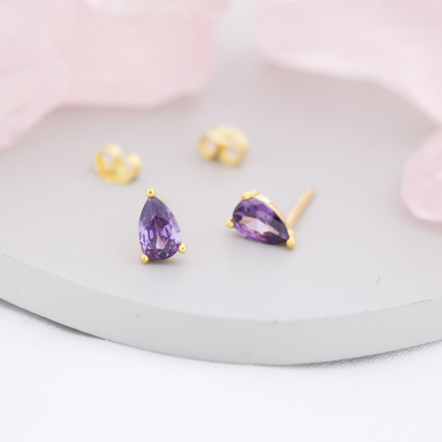 Sterling Silver Pear Cut Amethyst CZ Earrings, Purple Droplet Earrings, February Birthstone CZ Earrings, Silver, Gold or Rose Gold