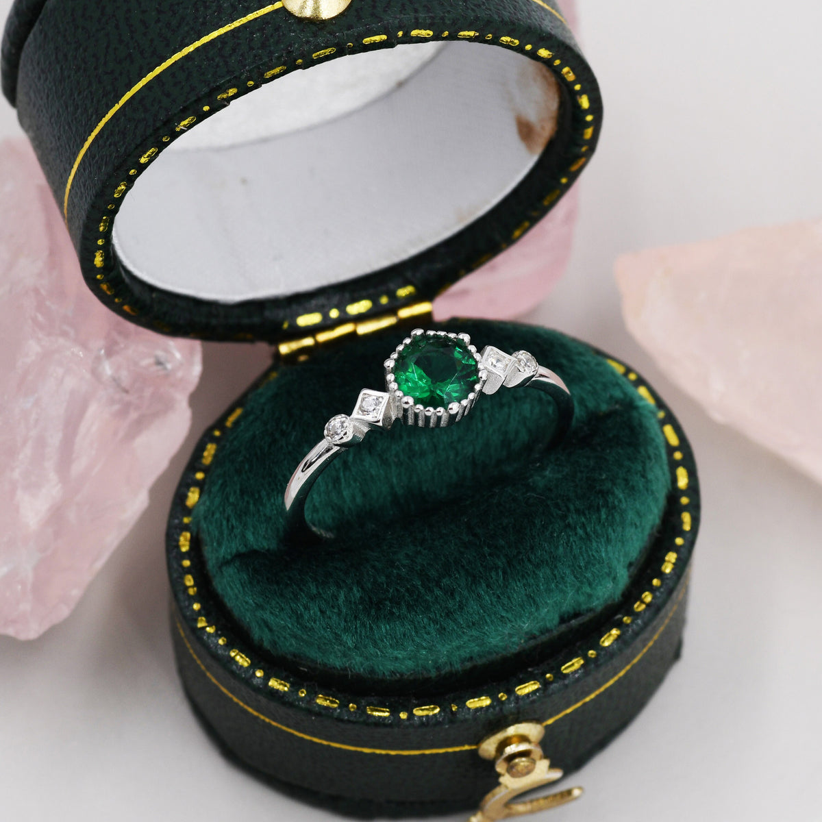 Emerald Ring in Sterling Silver, Silver or Gold, Emerald Green CZ Ring, Vintage Inspired Design US 5 - 8