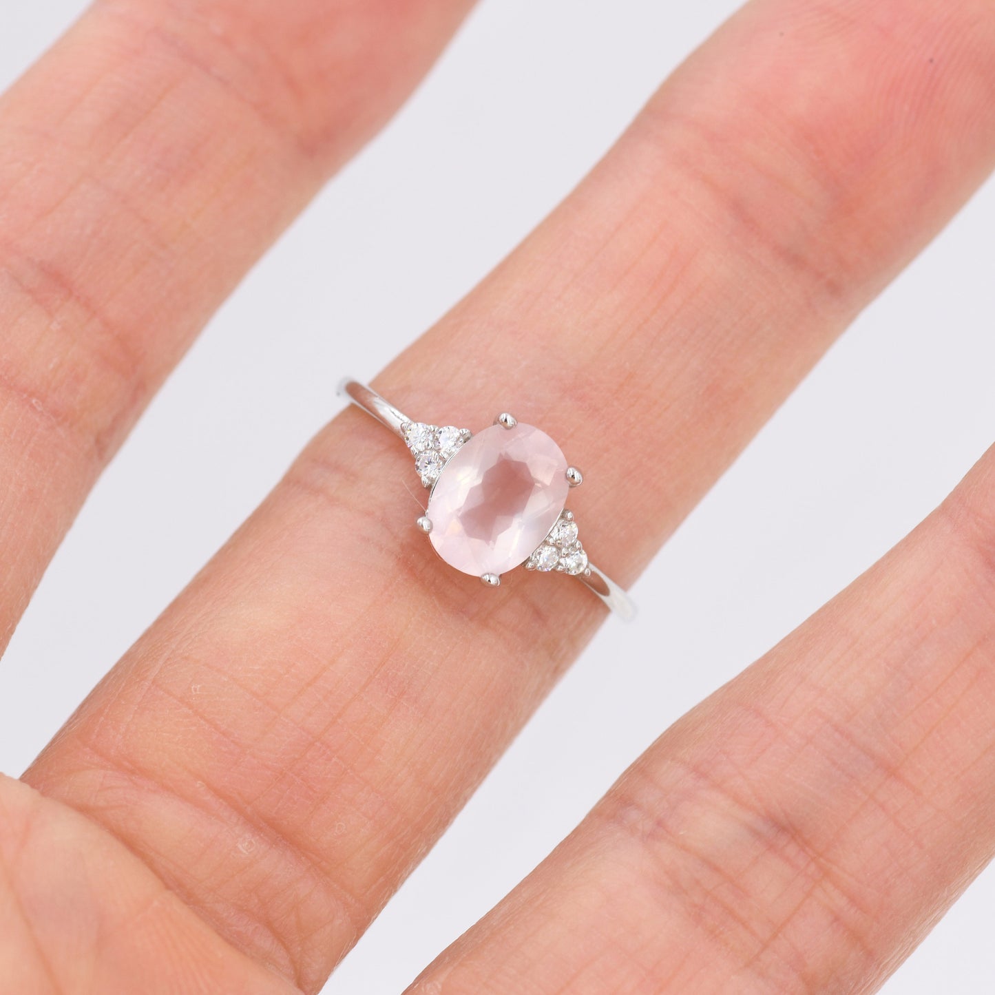 Genuine Oval Rose Quartz Ring in Sterling Silver, Natural Rose Quartz Ring, Three CZ, Pink Quartz Crystal, Vintage Inspired Design, US 5 - 8