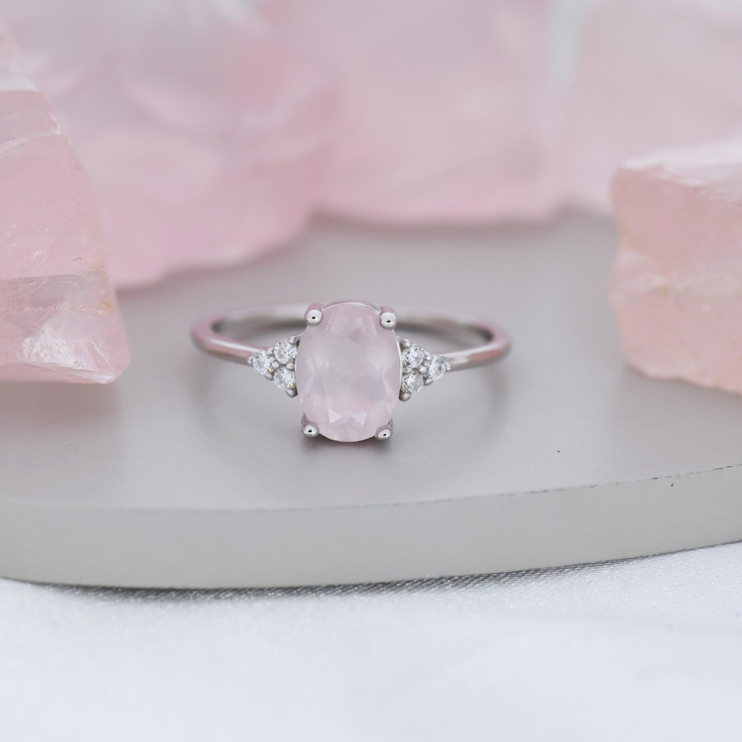 Genuine Oval Rose Quartz Ring in Sterling Silver, Natural Rose Quartz Ring, Three CZ, Pink Quartz Crystal, Vintage Inspired Design, US 5 - 8