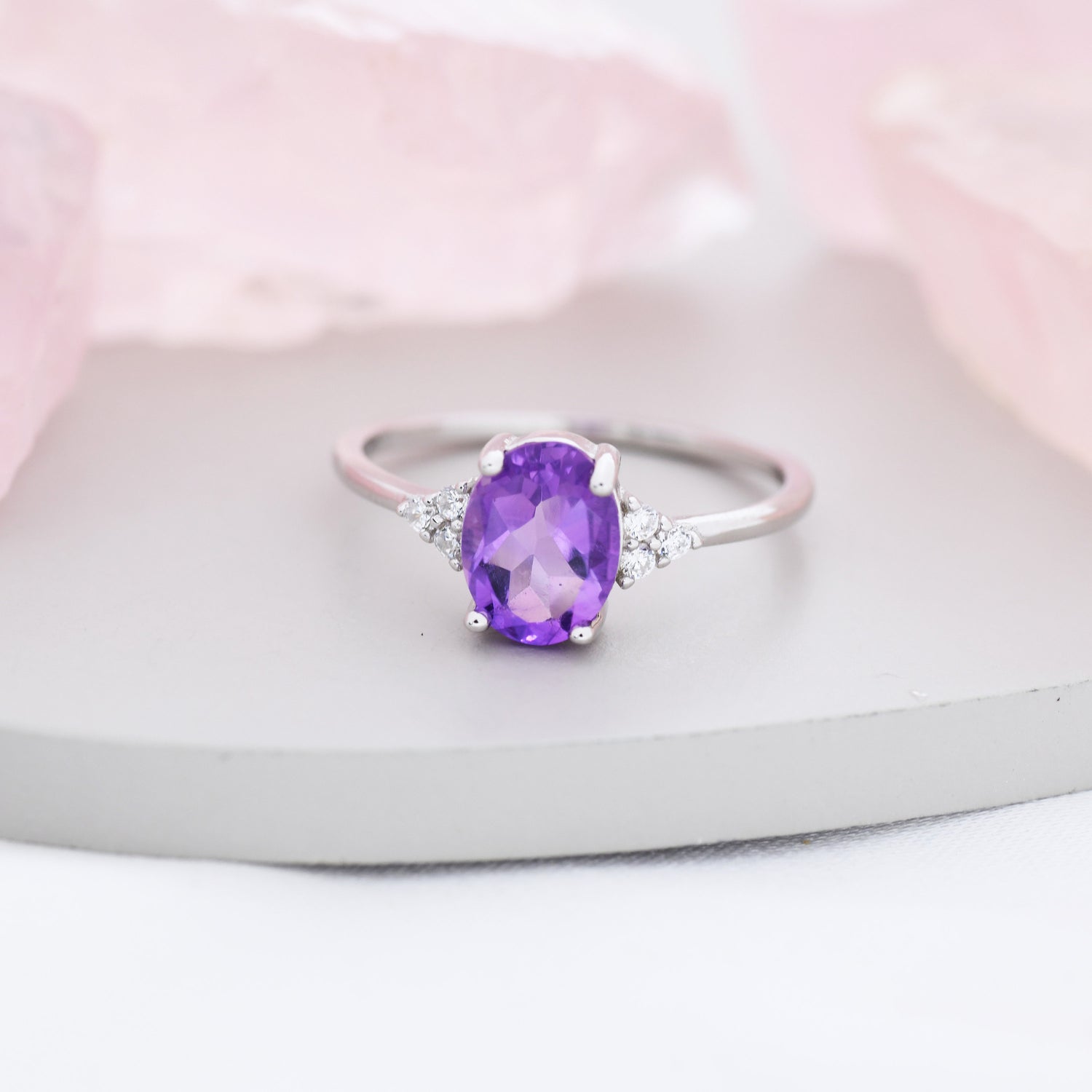 Vintage Amethyst Oval Gemstone Ring with CZ Accents