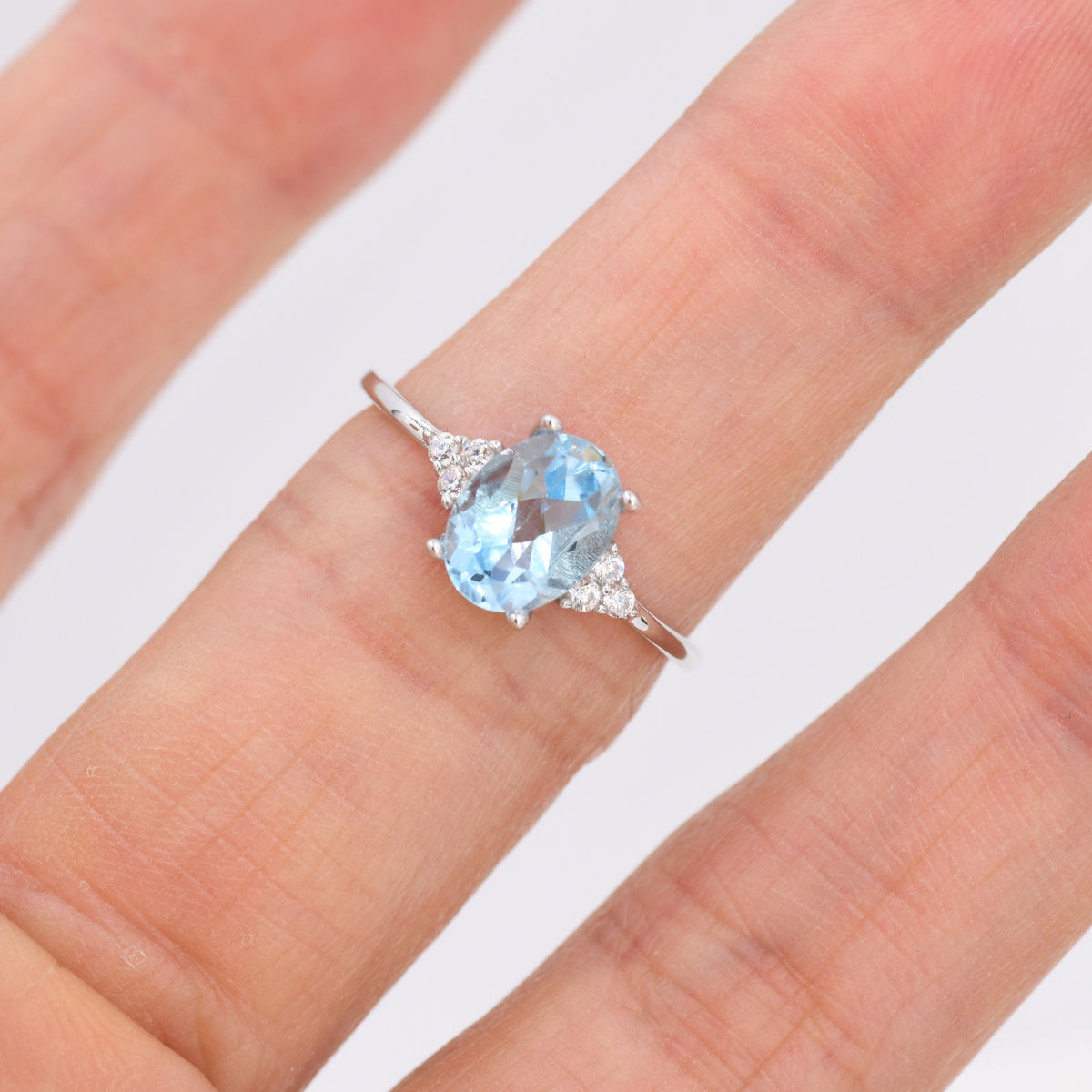 Genuine Swiss Blue Topaz Oval Ring in Sterling Silver, Natural Blue Topaz Ring, Three CZ, March, Vintage Inspired Design, US 5 - 8