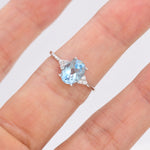 Genuine Swiss Blue Topaz Oval Ring in Sterling Silver, Natural Blue Topaz Ring, Three CZ, March, Vintage Inspired Design, US 5 - 8