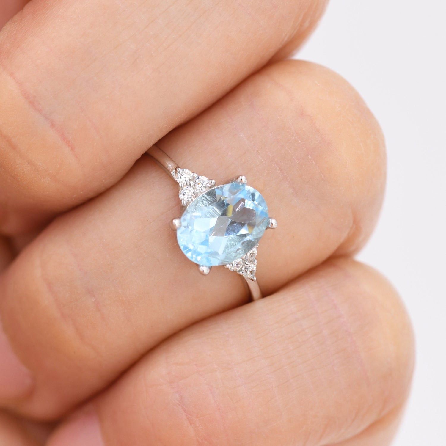 Genuine Swiss Blue Topaz Oval Ring in Sterling Silver, Natural Blue Topaz Ring, Three CZ, March, Vintage Inspired Design, US 5 - 8