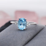 Genuine Swiss Blue Topaz Oval Ring in Sterling Silver, Natural Blue Topaz Ring, Three CZ, March, Vintage Inspired Design, US 5 - 8