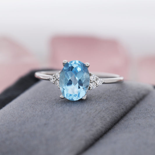 Genuine Swiss Blue Topaz Oval Ring in Sterling Silver, Natural Blue Topaz Ring, Three CZ, March, Vintage Inspired Design, US 5 - 8