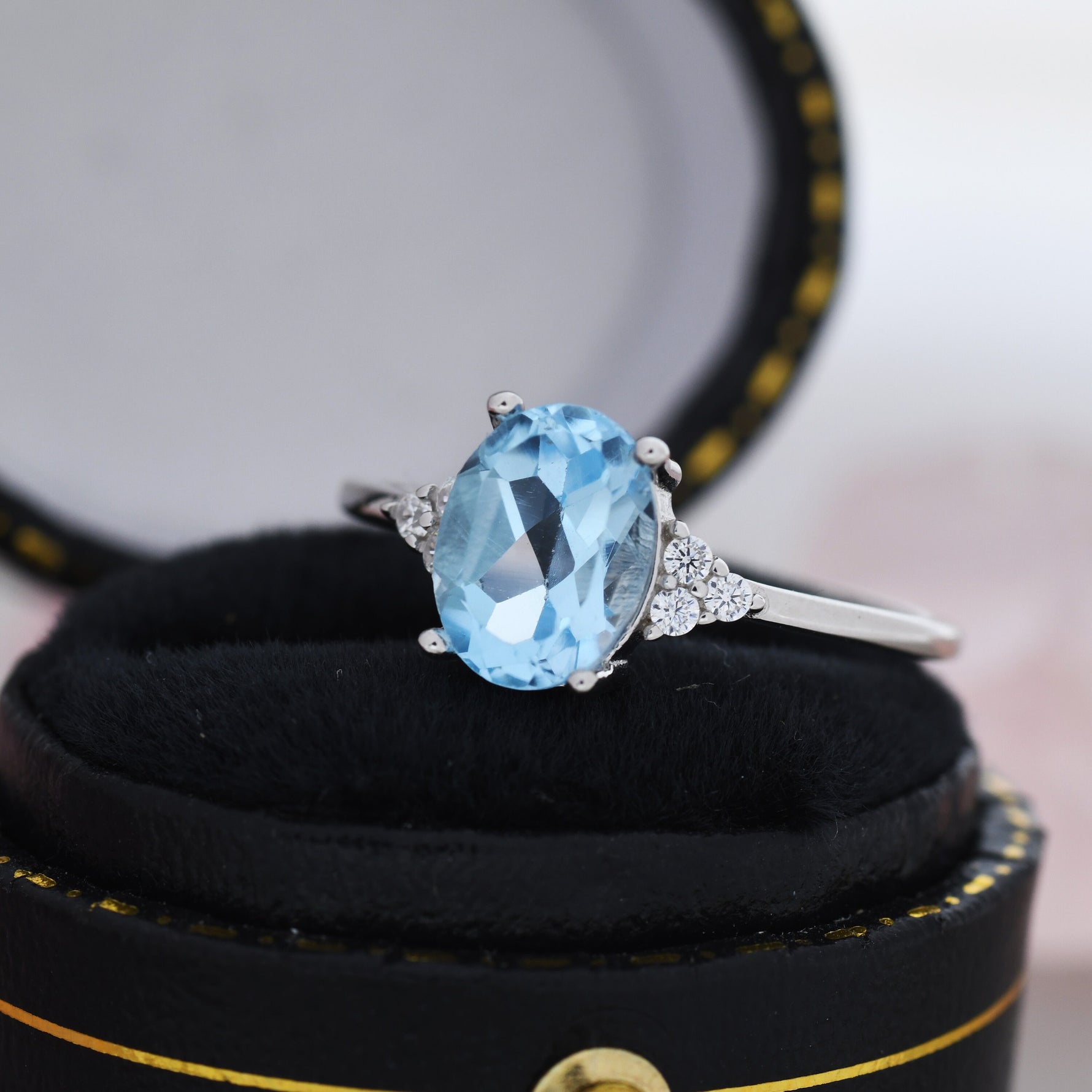 Genuine Swiss Blue Topaz Oval Ring in Sterling Silver, Natural Blue Topaz Ring, Three CZ, March, Vintage Inspired Design, US 5 - 8