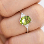 Genuine Peridot Oval Ring in Sterling Silver, Natural Green Peridot Ring, Three CZ, August Birthstone, Vintage Inspired Design, US 5 - 8
