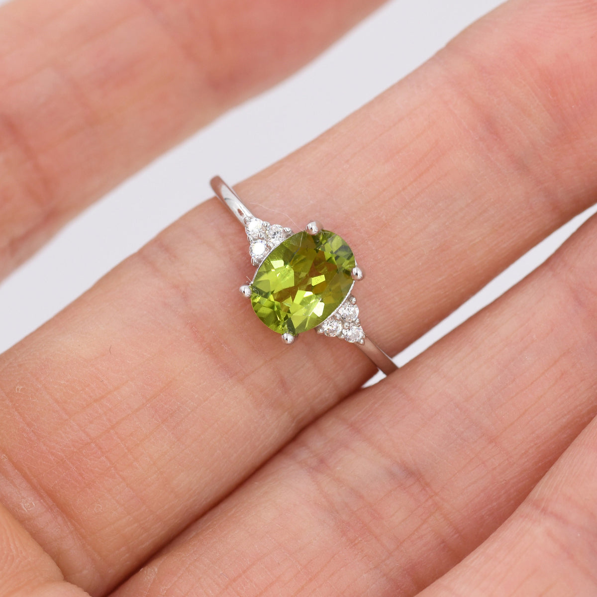 Genuine Peridot Oval Ring in Sterling Silver, Natural Green Peridot Ring, Three CZ, August Birthstone, Vintage Inspired Design, US 5 - 8