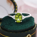 Genuine Peridot Oval Ring in Sterling Silver, Natural Green Peridot Ring, Three CZ, August Birthstone, Vintage Inspired Design, US 5 - 8