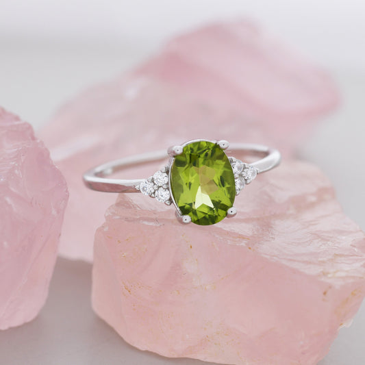 Genuine Peridot Oval Ring in Sterling Silver, Natural Green Peridot Ring, Three CZ, August Birthstone, Vintage Inspired Design, US 5 - 8