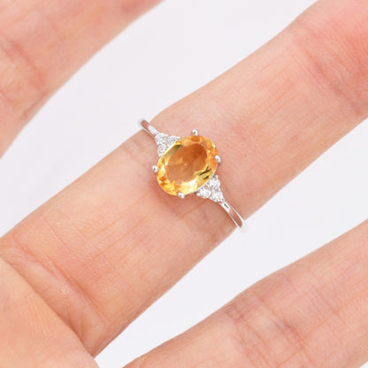 Genuine Citrine Oval Ring in Sterling Silver, Natural Citrine Ring, Three CZ,  November Birthstone, Vintage Inspired Design, US 5 - 8