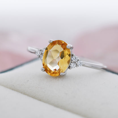 Genuine Citrine Oval Ring in Sterling Silver, Natural Citrine Ring, Three CZ,  November Birthstone, Vintage Inspired Design, US 5 - 8