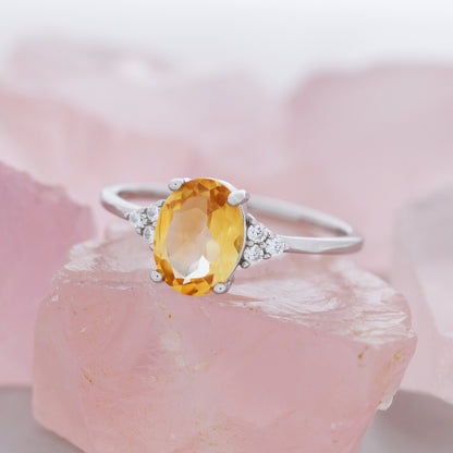 Genuine Citrine Oval Ring in Sterling Silver, Natural Citrine Ring, Three CZ,  November Birthstone, Vintage Inspired Design, US 5 - 8