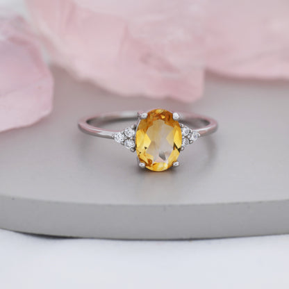 Genuine Citrine Oval Ring in Sterling Silver, Natural Citrine Ring, Three CZ,  November Birthstone, Vintage Inspired Design, US 5 - 8