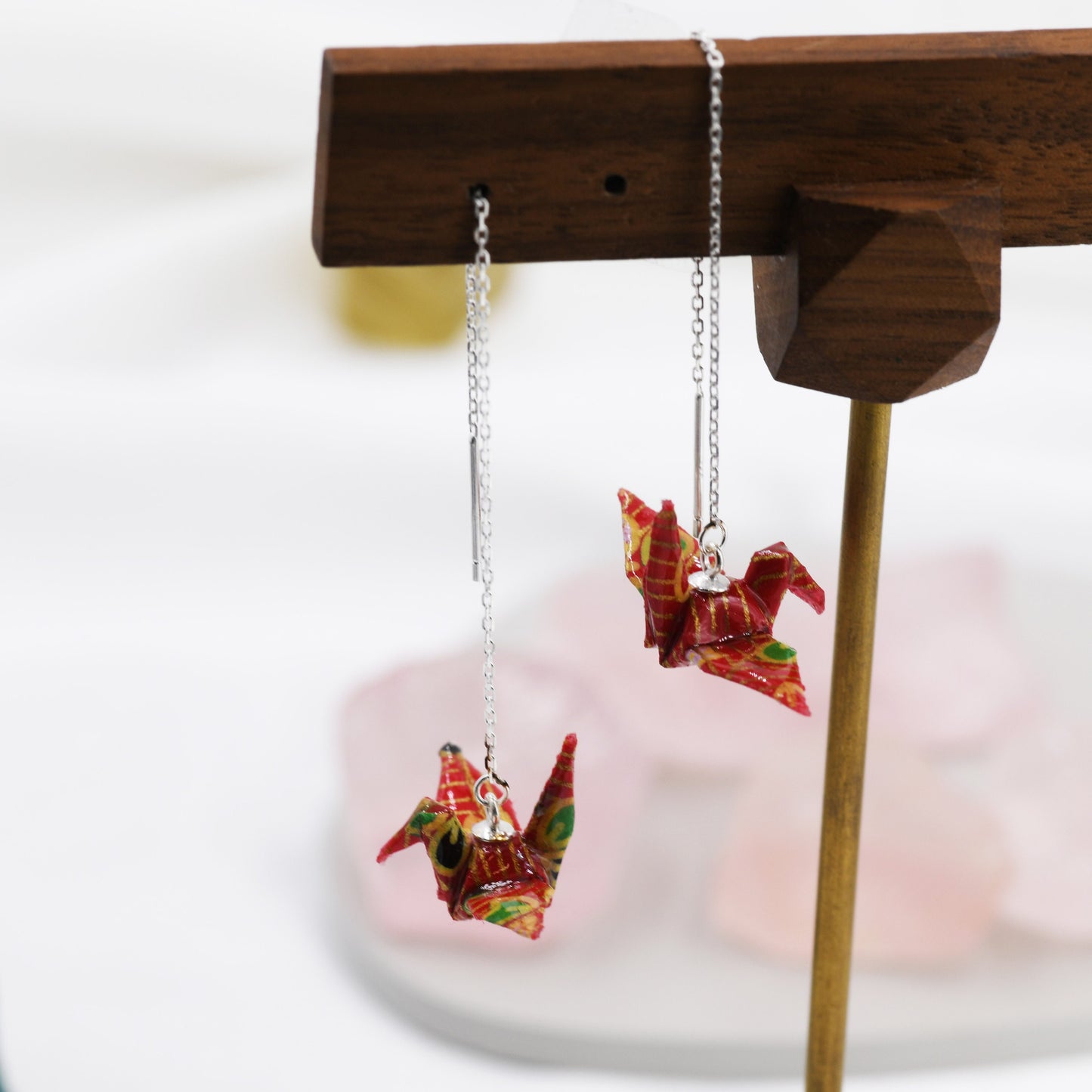 Japanese Paper Origami Crane Threader Earrings in Sterling Silver, Resin Sealed Genuine Japanese Washi Paper, Red, Long Lasting Earrings