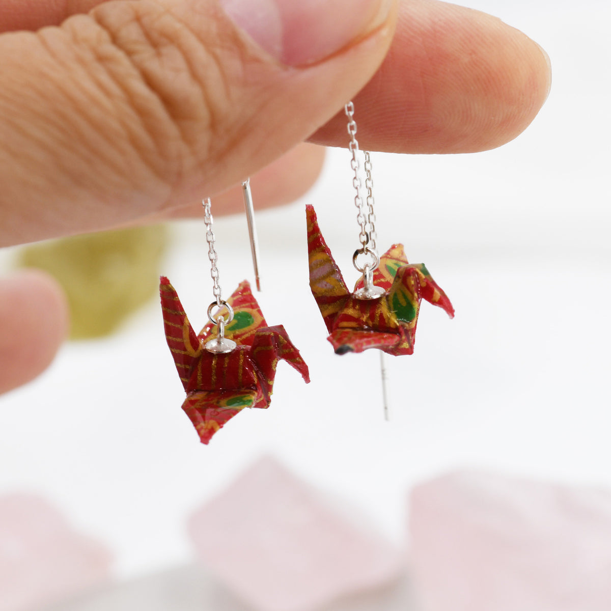 Japanese Paper Origami Crane Threader Earrings in Sterling Silver, Resin Sealed Genuine Japanese Washi Paper, Red, Long Lasting Earrings
