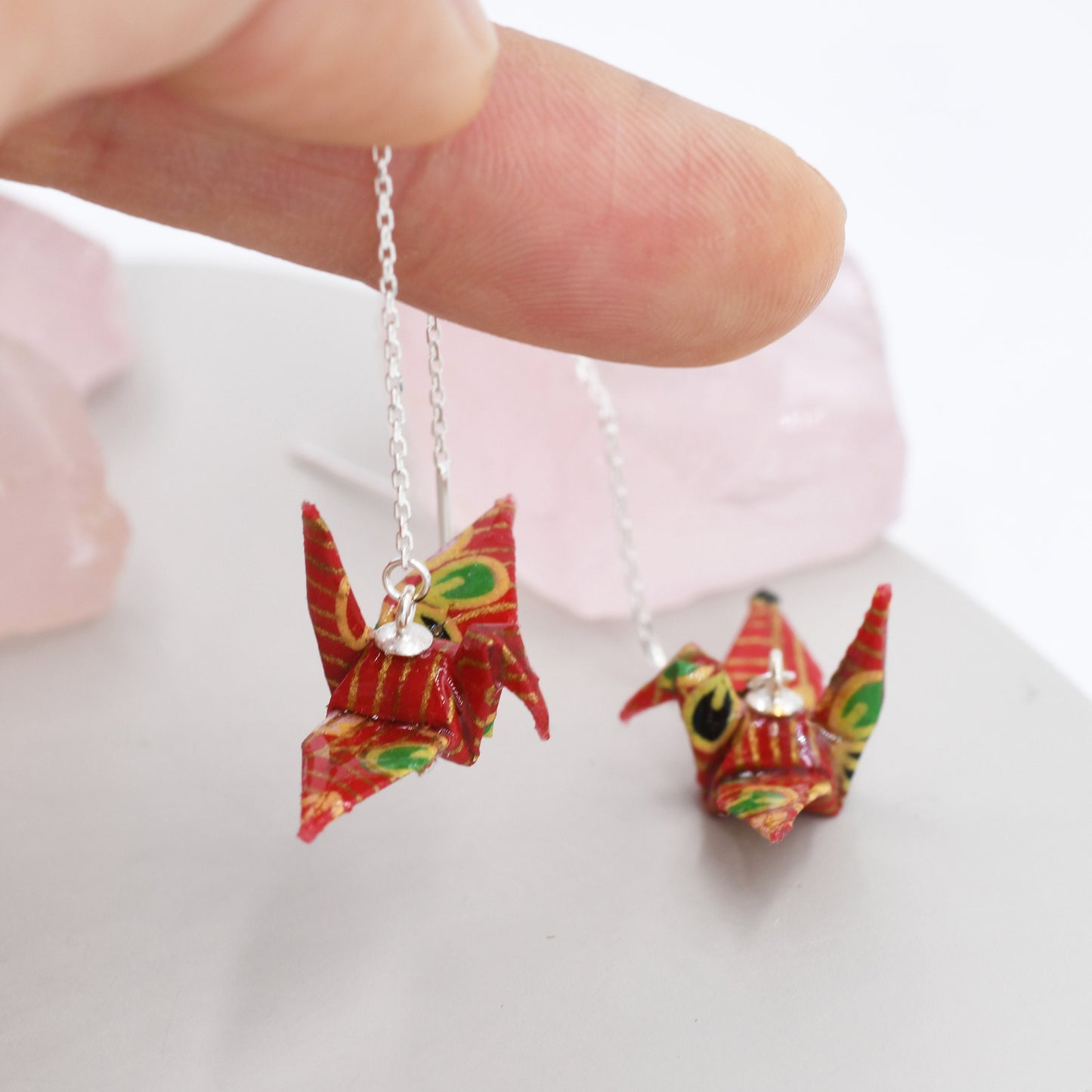 Japanese Paper Origami Crane Threader Earrings in Sterling Silver, Resin Sealed Genuine Japanese Washi Paper, Red, Long Lasting Earrings