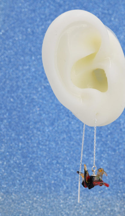 Japanese Paper Origami Crane Threader Earrings in Sterling Silver, Resin Sealed Genuine Japanese Washi Paper, Black, Long Lasting Earrings