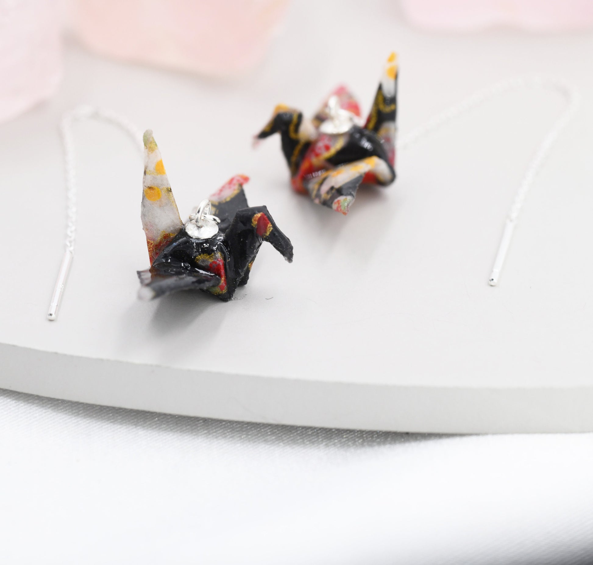 Japanese Paper Origami Crane Threader Earrings in Sterling Silver, Resin Sealed Genuine Japanese Washi Paper, Black, Long Lasting Earrings